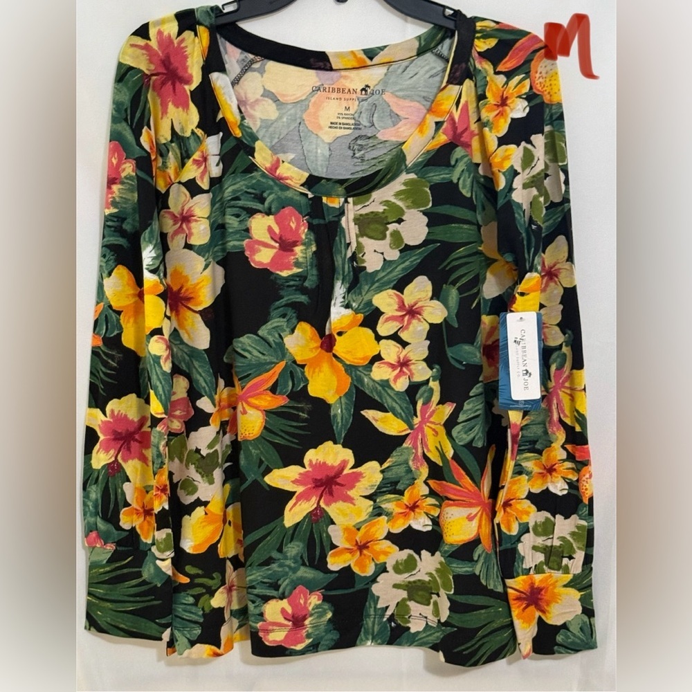 Caribbean Joe Multicolored Floral Long Sleeve Blouse